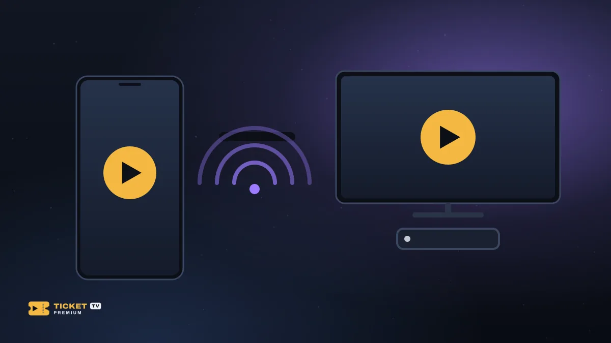 iPhone com um botão de play, ondas de AirPlay e uma TV com Apple TV embaixo