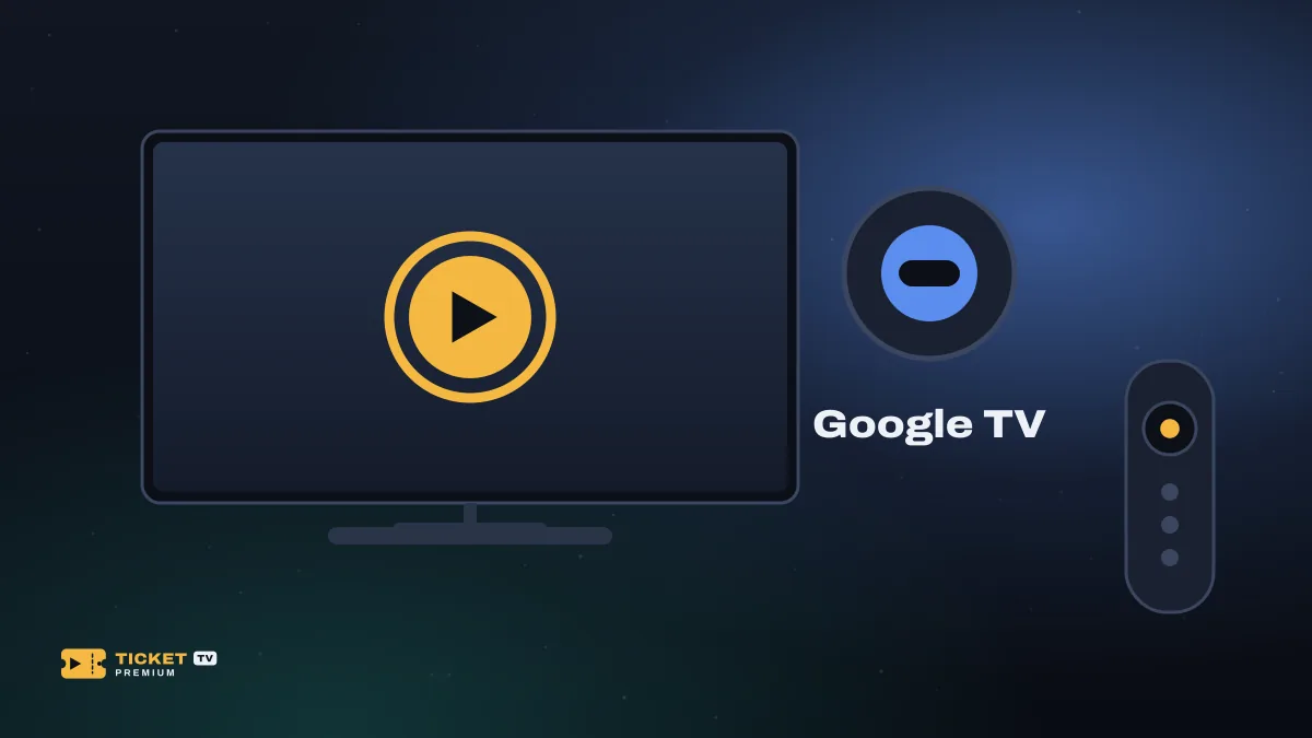 Chromecast com Google TV redondo ao lado de uma TV tocando vídeo e um controle remoto