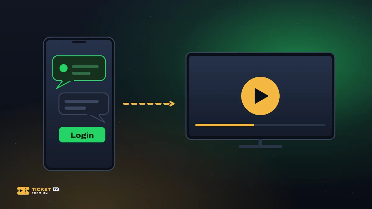 Celular com conversa de WhatsApp e login, e uma TV tocando vídeo, ligados por uma seta