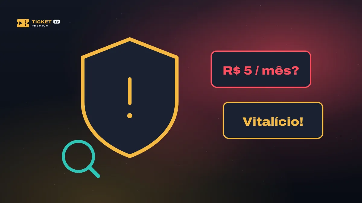 Escudo com ponto de exclamação cercado por ofertas suspeitas como “R$ 5 por mês” e “vitalício”