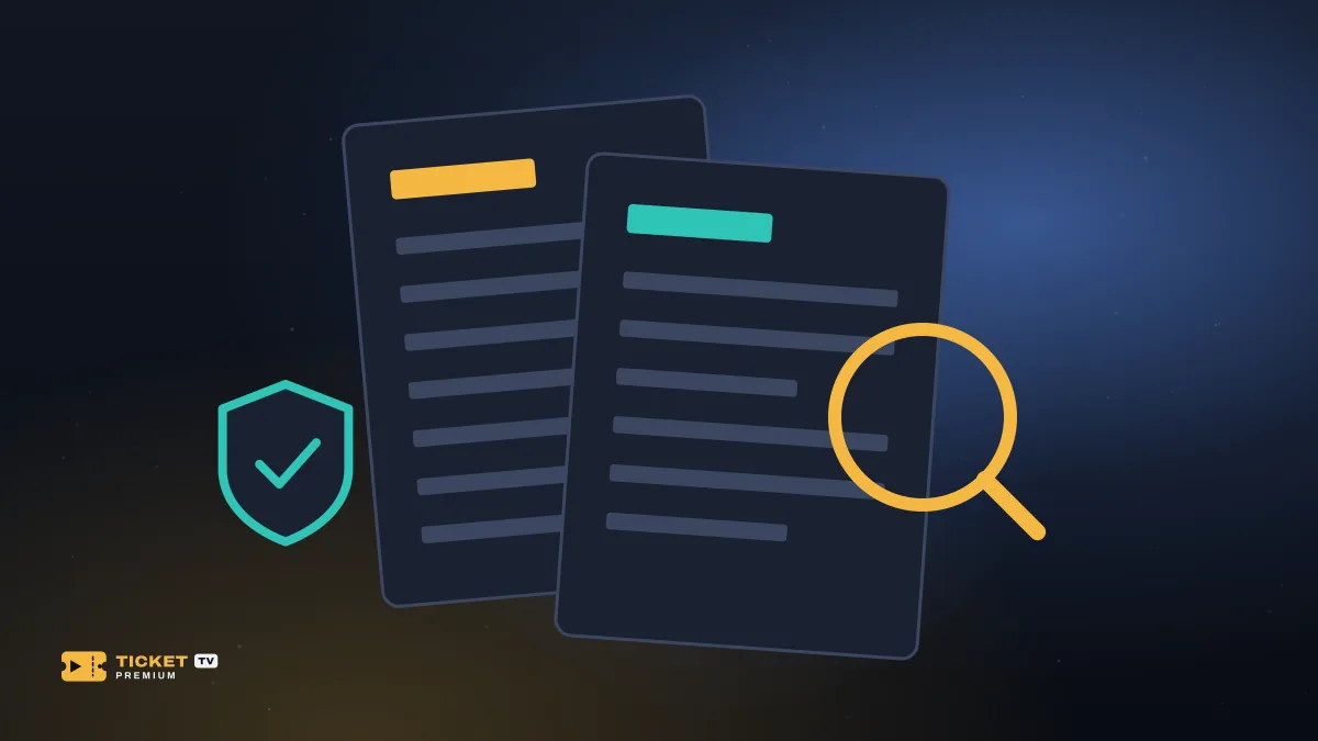 Dois documentos, uma lupa e um escudo com sinal de verificado