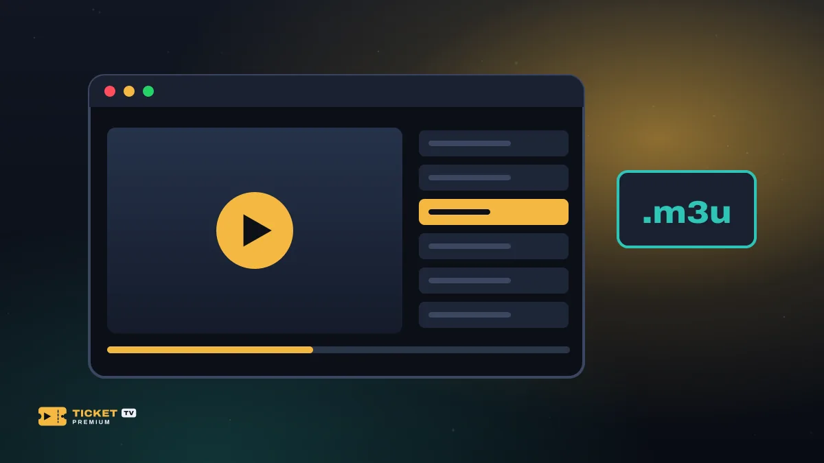 Janela do VLC com vídeo, lista de reprodução ao lado e a etiqueta .m3u