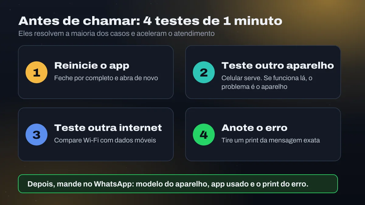 Quatro cartões numerados: reinicie o app, teste outro aparelho, teste outra internet e anote o erro